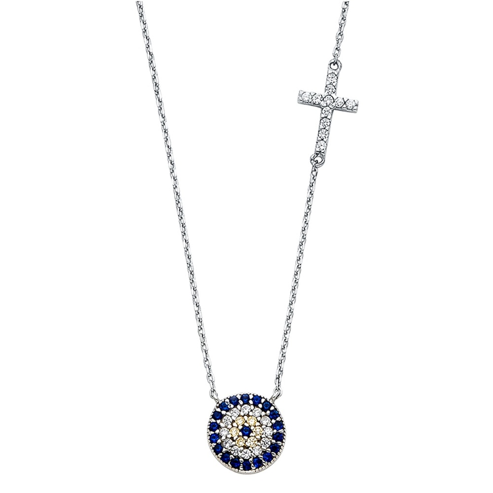14K White Gold  CZ Evil Eye Necklace - 17+1"